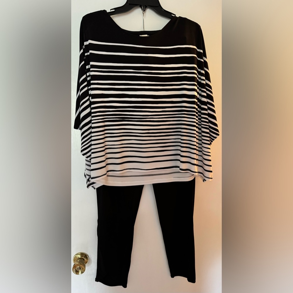 Chico’s black and white striped shirt with black ankle pants